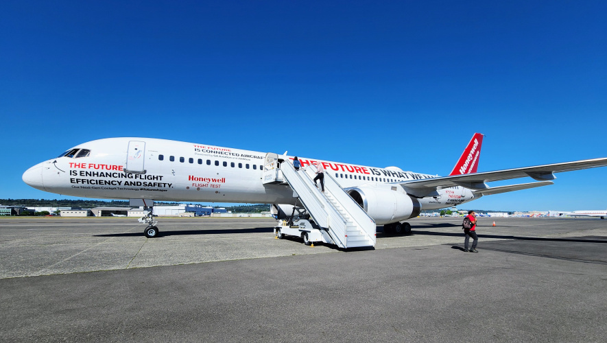 Honeywell Aerospace’s Boeing 757 testbed is pictured on the tarmac at Boeing Field in Seattle