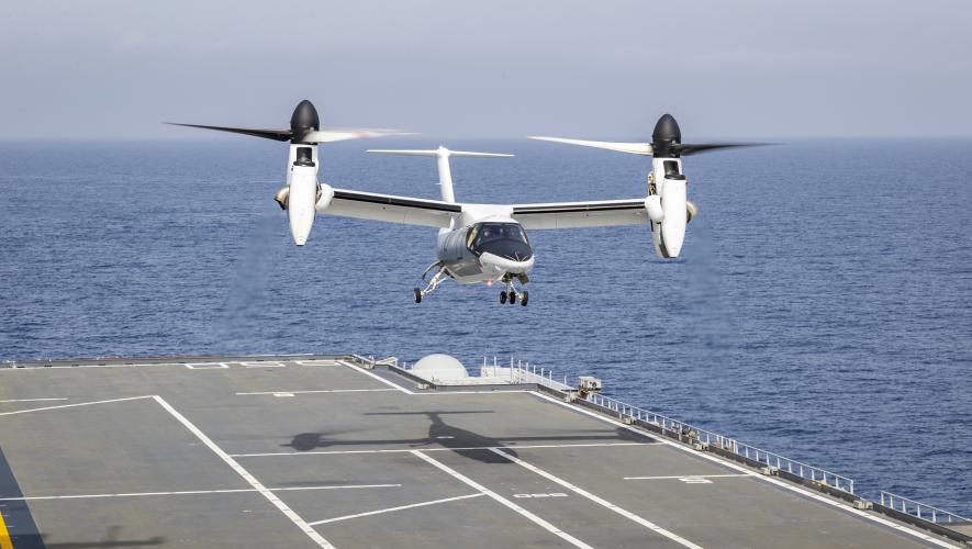 Leonardo AW609 tiltrotor operates on an Italian Navy aircraft carrier