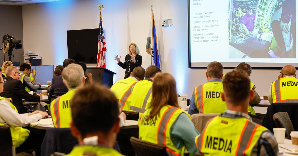 Elizabeth Lund, senior vice president of quality at Boeing Commercial Airplanes, addresses reporters during a media briefing in Renton, Washington, on June 25, 2024.