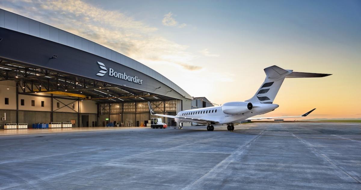 bombardier Global in front of hangar.