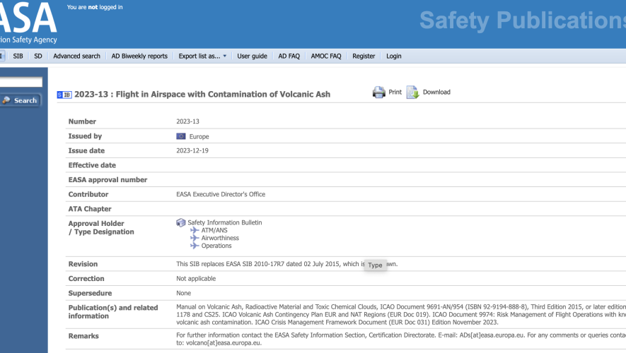 EASA volcanic ash bulletin